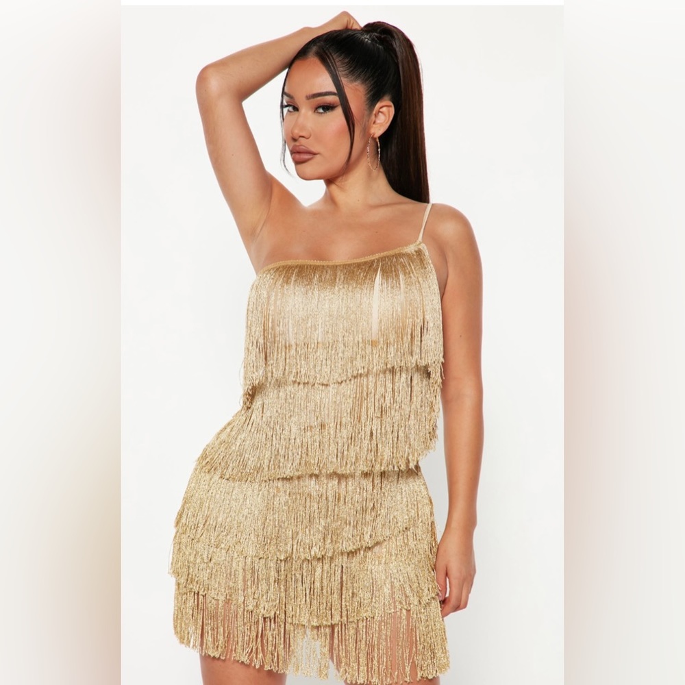 Fashion Nova Dance for You Fringe Mini Dress - Gold